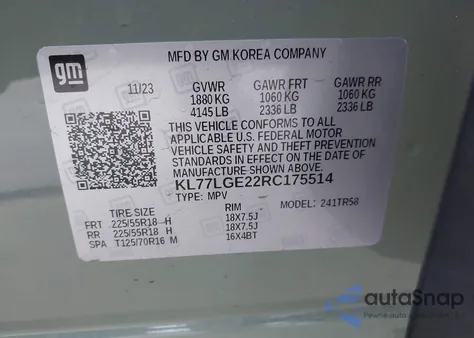 2024 Chevrolet Trax Fwd 1Rs из США, поврежденный, VIN KL77LGE22RC175514